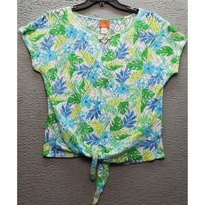 Hearts Of Palm Sheer‎ Swim Cover Top Women Medium Tropical Keyhole Ring Knot Hem